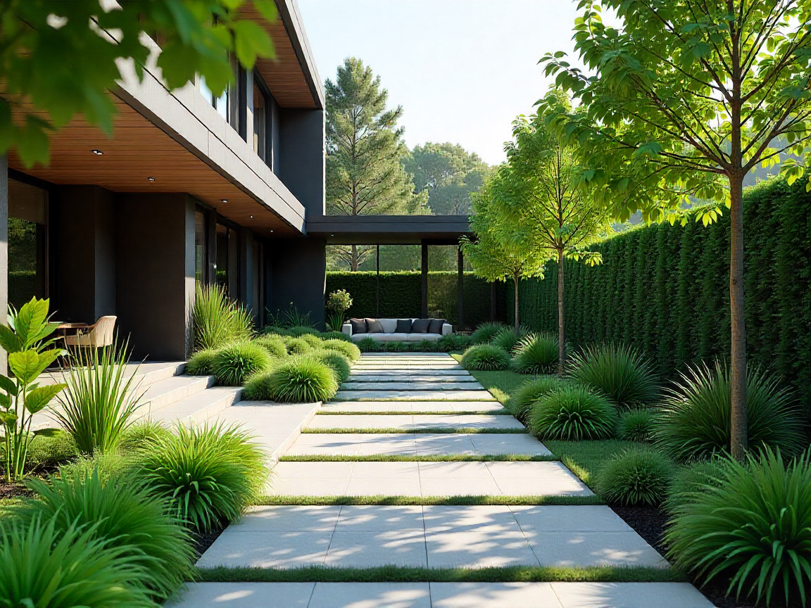 Professional landscape design showcasing modern hardscaping and lush plantings