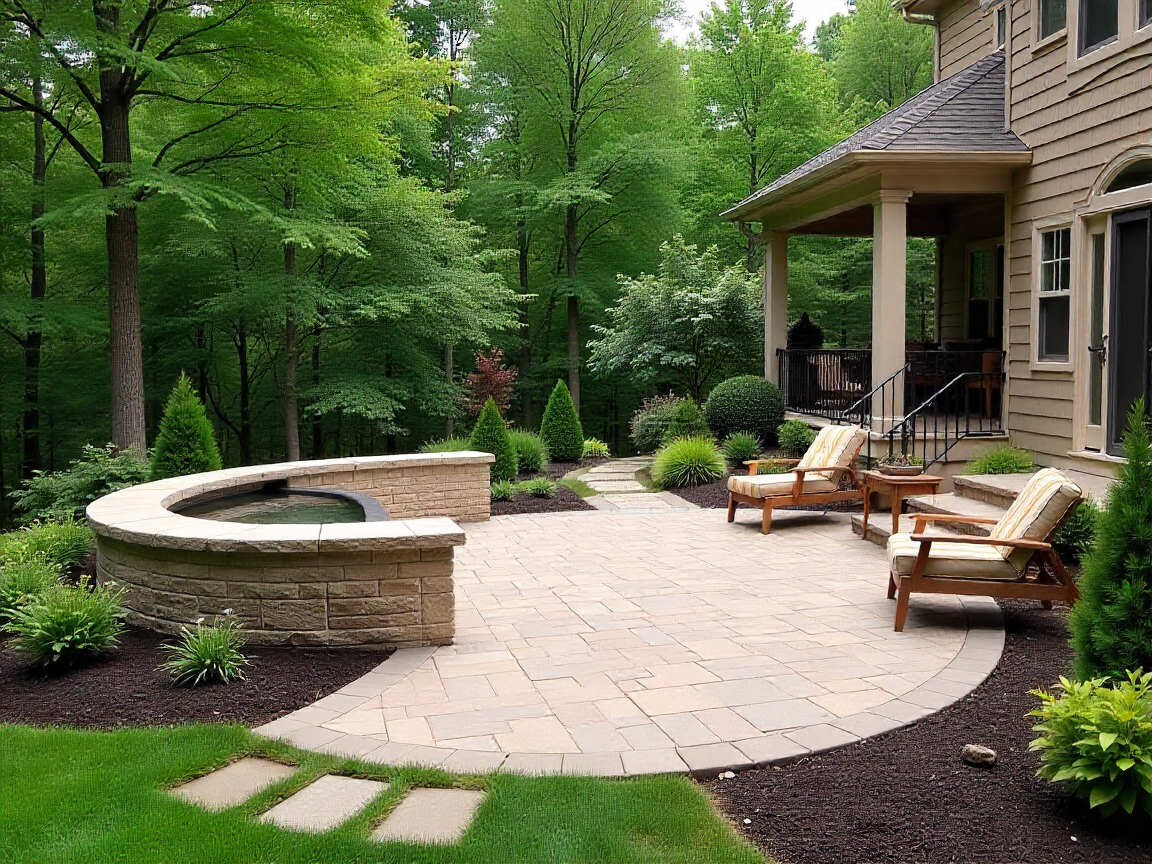 Custom hardscape patio design with premium pavers and outdoor seating area